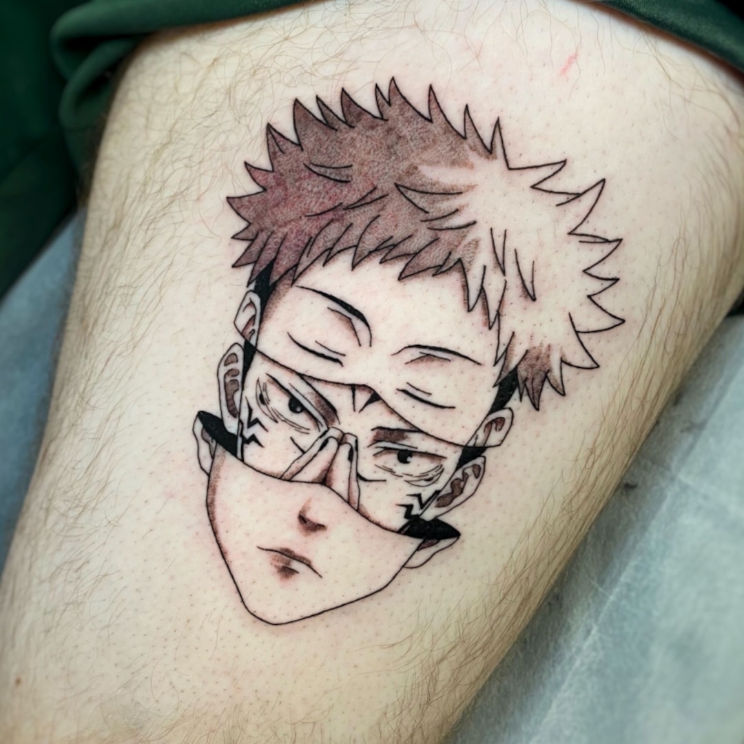 Tattoo design of a character with glasses and spiky hair