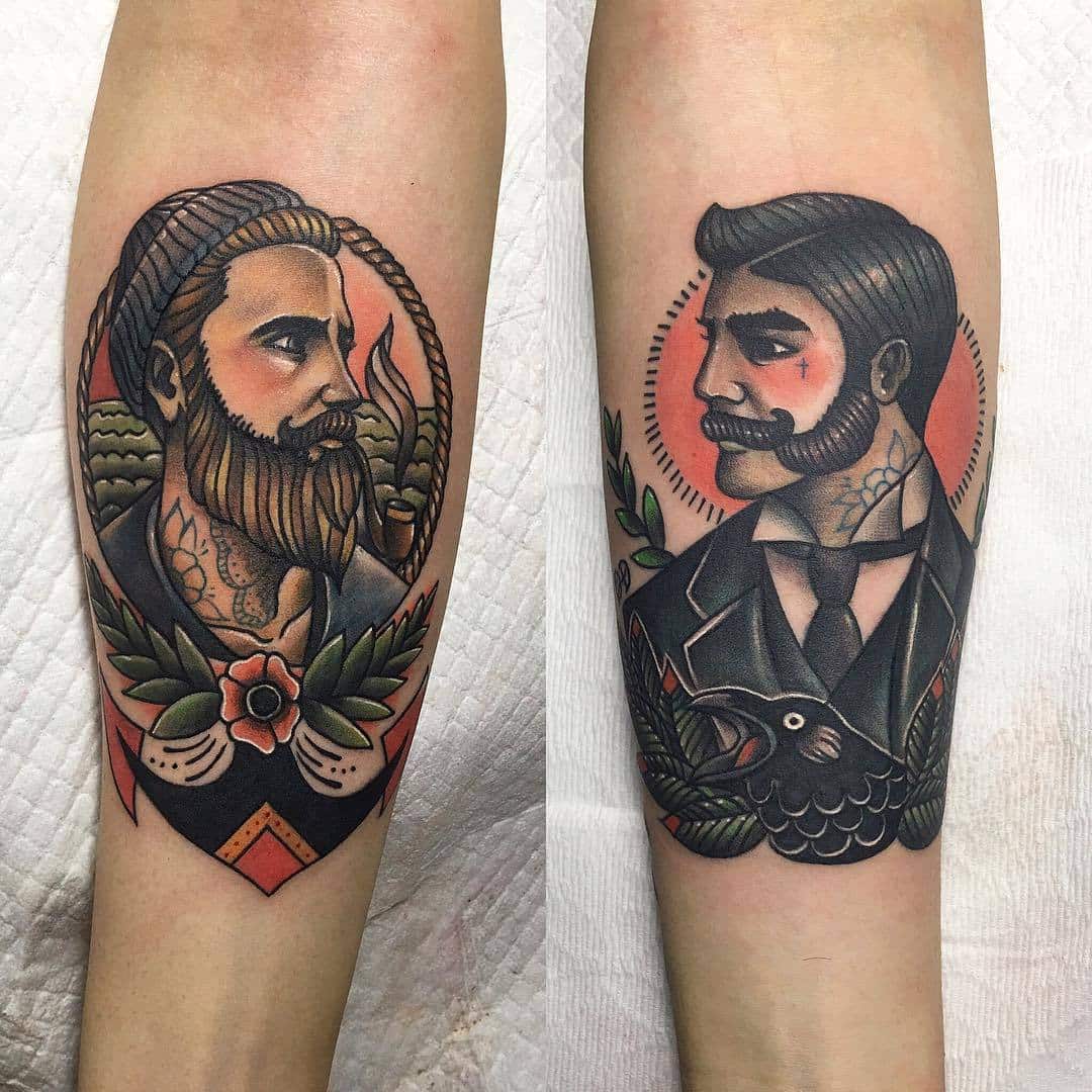 Tattoo designs featuring two male figures with distinct styles
